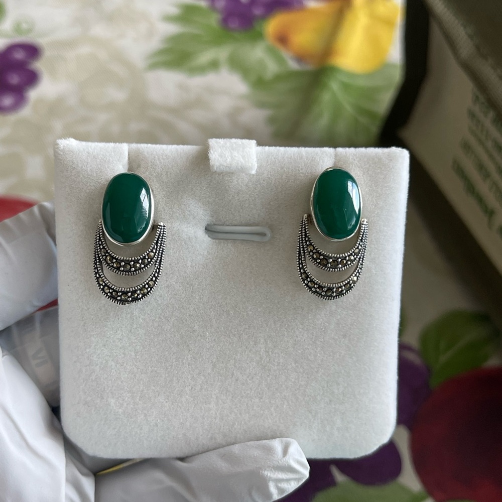 Jade solid sterling silver 925 earrings marcasite
